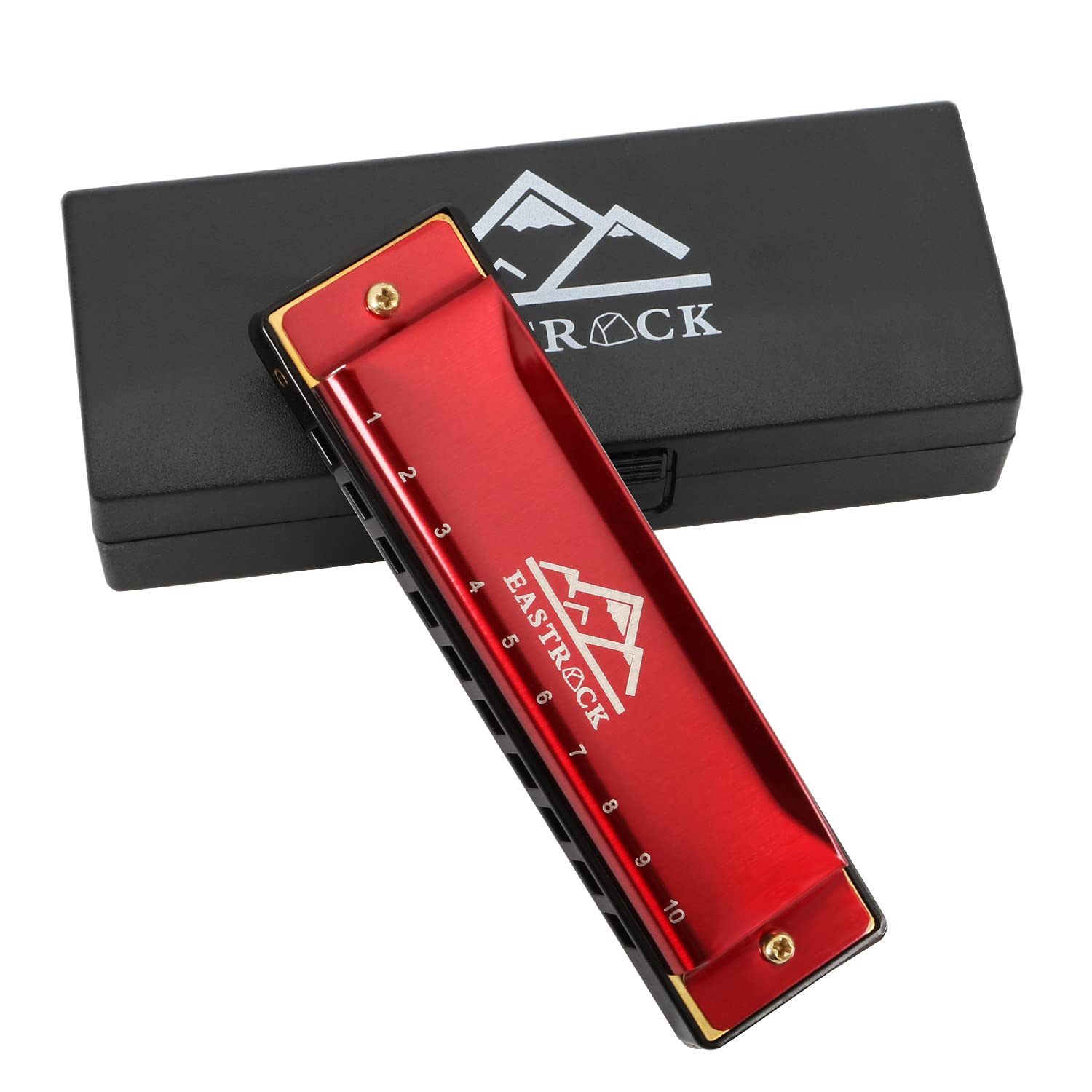 EastRock Harmonica 10 Holes 20 Tunes, Key of C, Mouth Organ for Beginners - Mini Blues Harmonica with Case & Cleaning Cloth (10 Holes, Red)