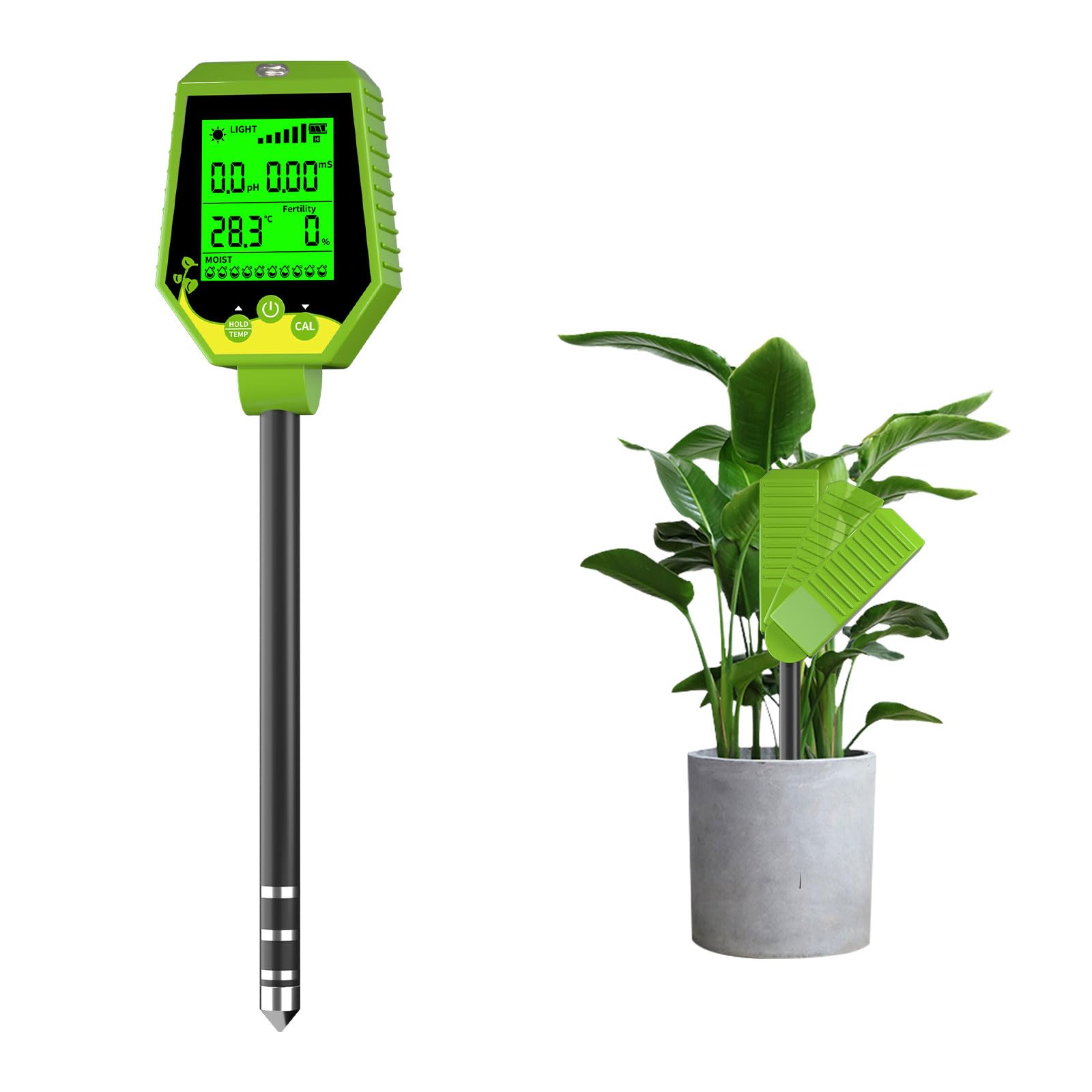YIYEGO Soil Meter, 6-in-1 Digital Plant Soil Moisture Meter with Moisture, Fertility Light, PH, EC, Temp, Soil pH Tester for Garden, Lawn, Farming, and House/Outdoor Plants (Green)