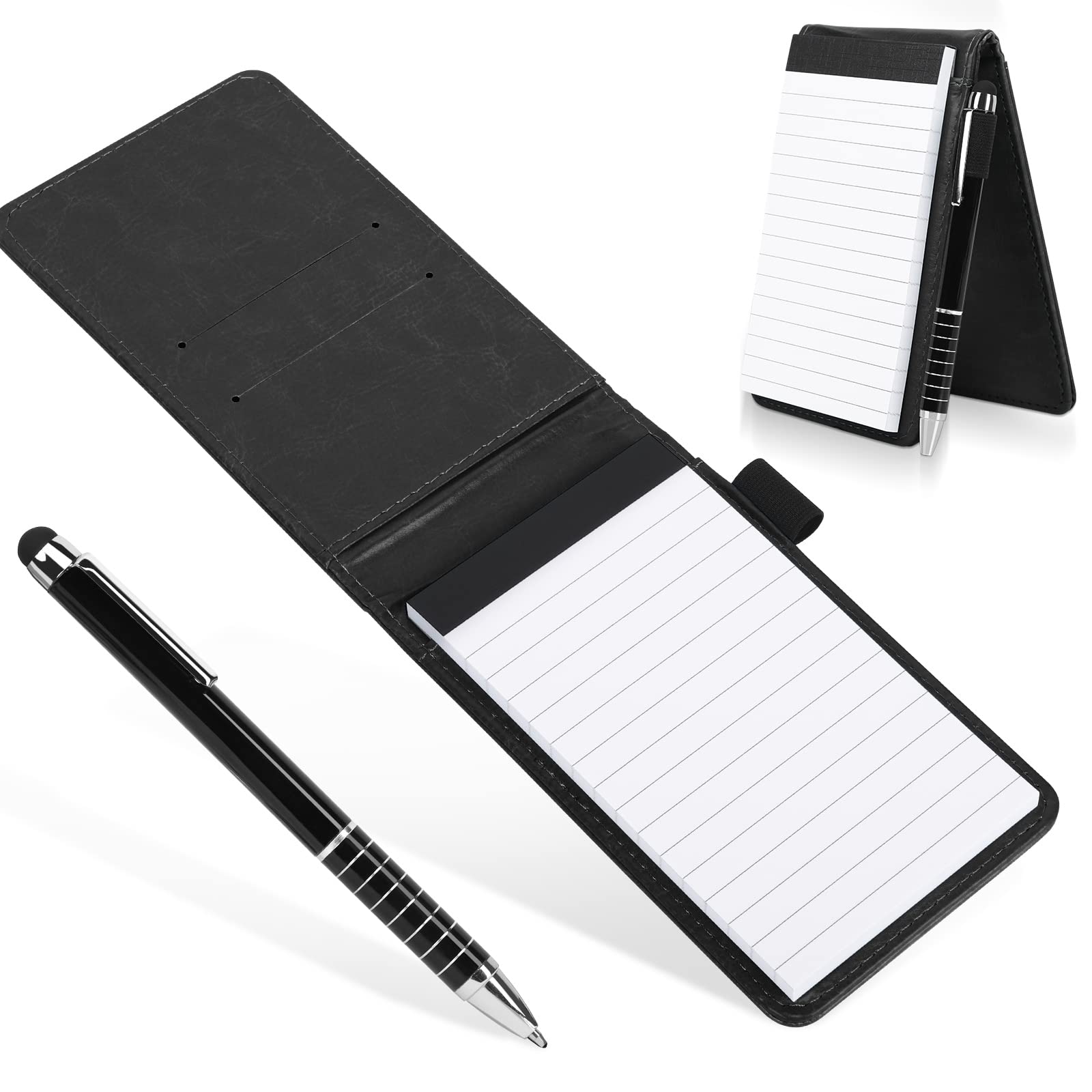 Cyiecw PU Leather Journal Mini Notebook Working Small Notepad with Pen Pad Holder Set Multifunctional A7 Soft Cover Black Notebook for Office Working, Study