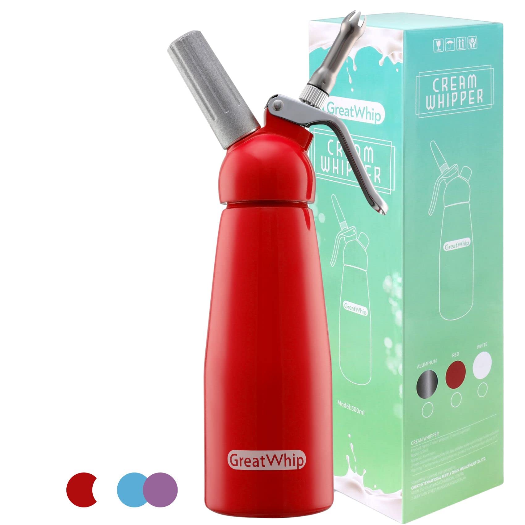 Photo 1 of *MISSING CHARGER* GreatWhip Whipped Cream Dispenser Highly Durable Aluminum Whip Cream Maker 500ml /1 Pint Large Capacity Cream Whipper with 3 Stainless Steel Nozzles & Cleaning Brush (Red)
