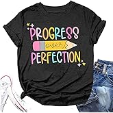 Teacher Shirt Women Teach Graphic Tee Tops Teacher Life Progress Over Perfection T-Shirt Back to School Outfits Gifts
