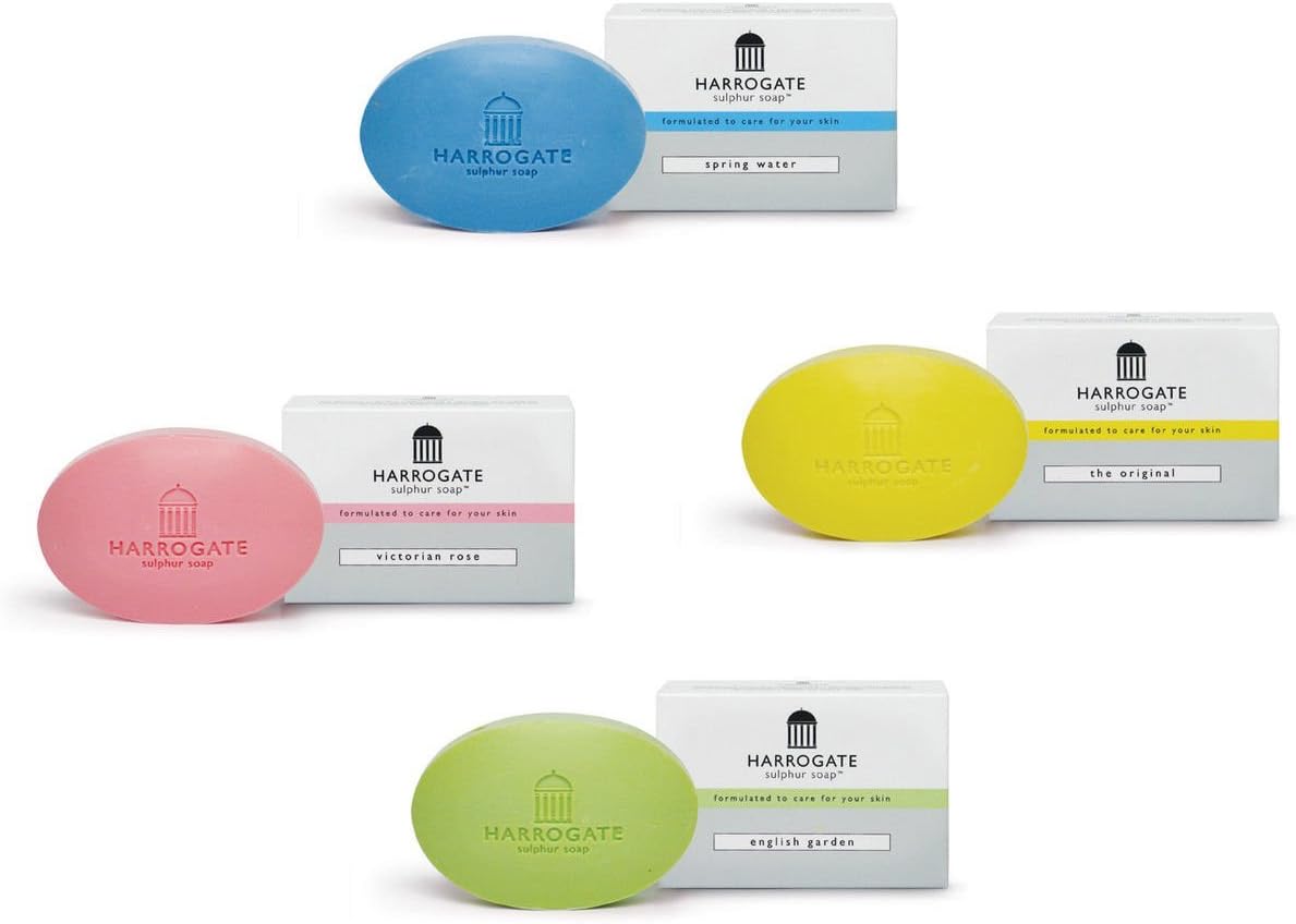 Harrogate Original Sulphur Soaps 72 x 100g [18 Of Each - Full Case] Original, Spring Water, Victoria Rose & English Garden