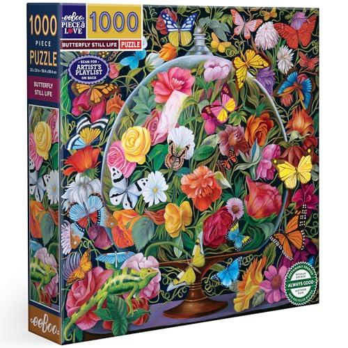 eeBoo 1000 Piece Puzzle - Butterfly Still Life Jigsaw Puzzle for Adults, Square 23" x 23" Made with Recycled Board & Vegetable-Based Ink