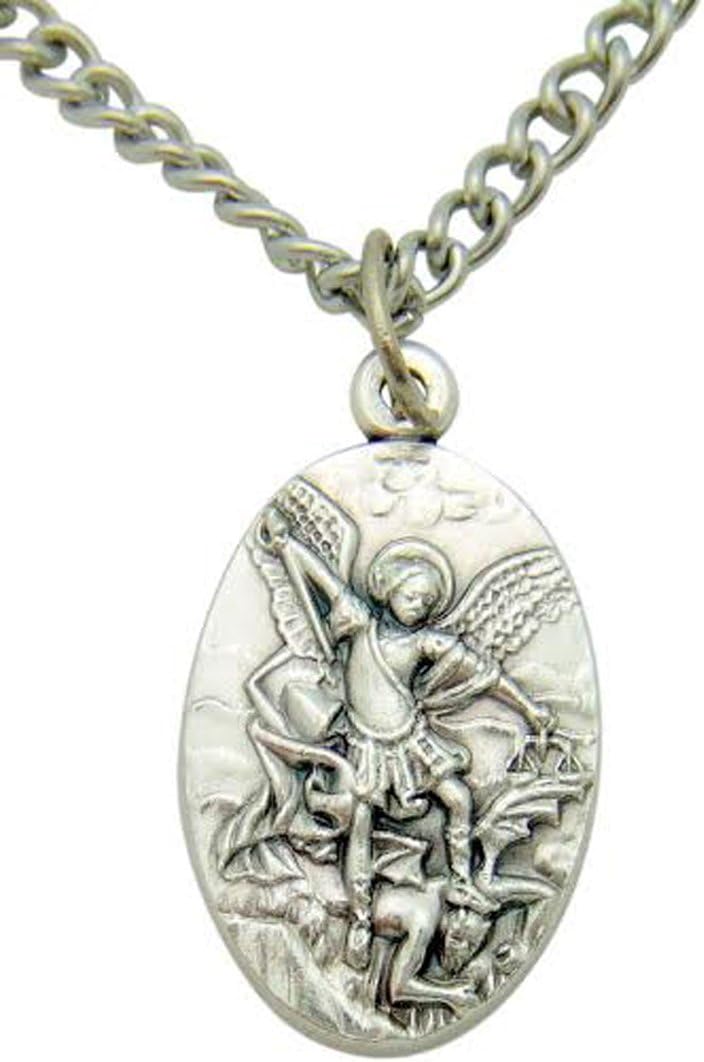Saint Michael Protector Silver Tone Metal Pendant Italian Medal Gift 3/4 Inch W Stainless Steel Chain
