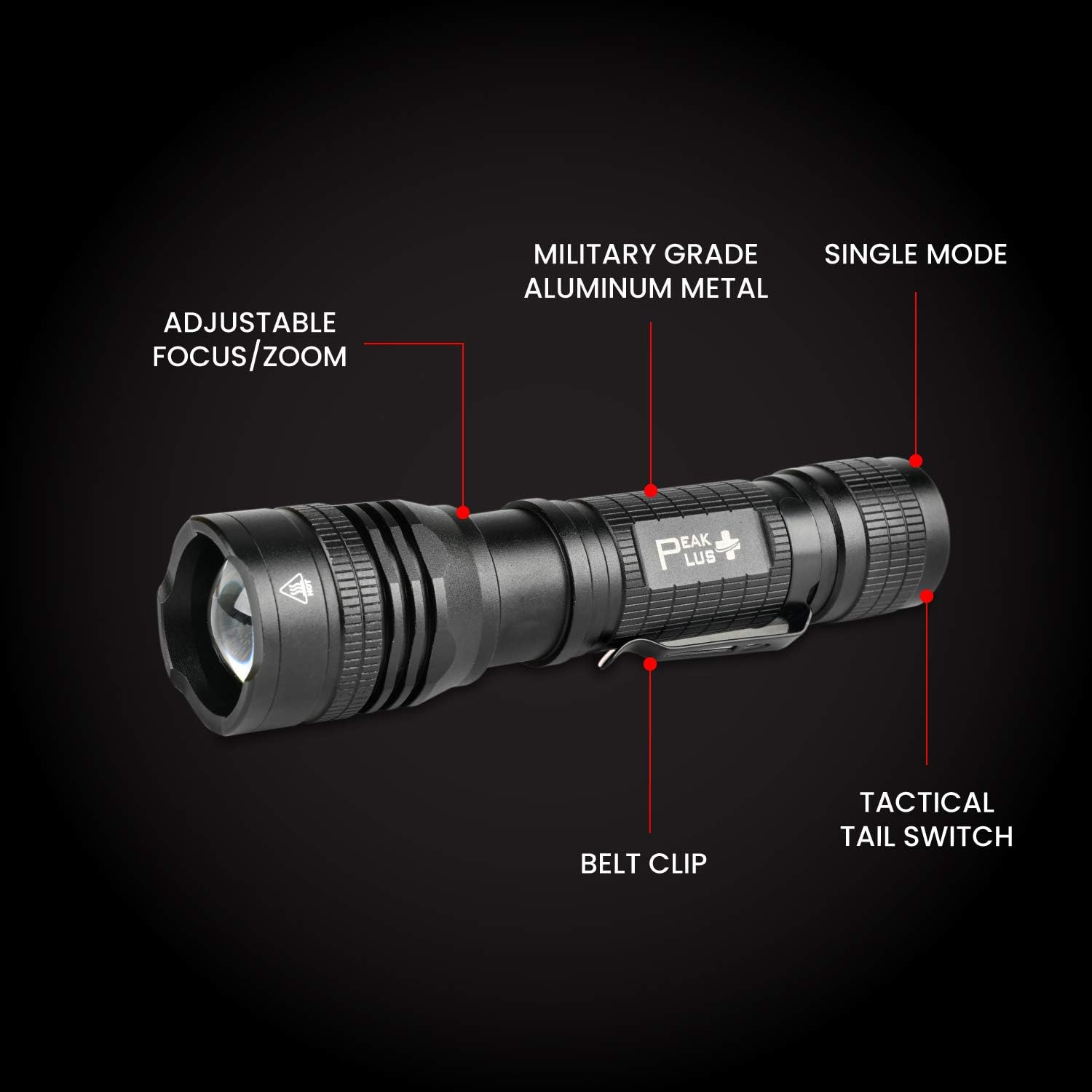 PeakPlus LED Tactical Flashlight PTAC1000 [2 PACK] - Single Mode, High Lumen, Zoomable, Water Resistant, Flash Light - Camping, Outdoor, Emergency, Everyday Flashlights with Clip - - 