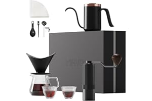 MAVO Pour Over Coffee Maker Set, 12 in 1 Set Box, Manual Coffee Grinder, Pour Over Kettle, Ceramic Pour Over Coffee Dripper with Tray, Glass Servers, Coffee Cup, Paper Filter, Black