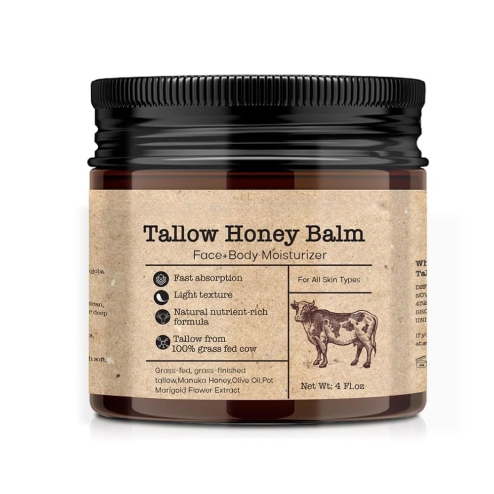 Beef Tallow Honey Balm for Skin : Grass-Fed Beef Tallow Moisturizer For Face and Body, Tallow Cream with Manuka Honey Beeswax Olive Oil, 4 oz