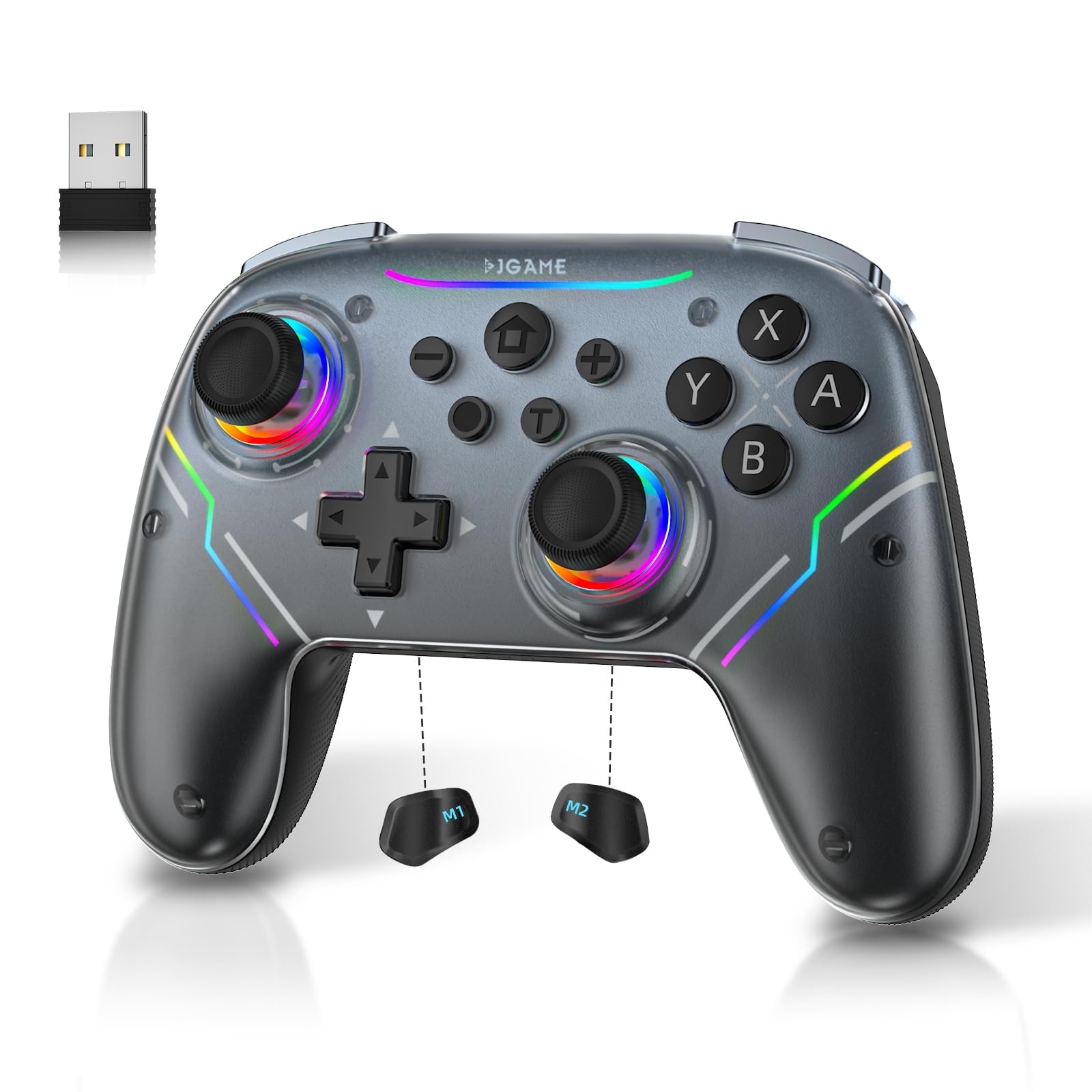 EJGAME Wireless Controller Compatible with Switch/Switch 2/PC/Steam Deck, Hall Effect Joysticks & Triggers/Wake-up/Turbo/RGB Light/Programmable/Dual Vibration,USB Bluetooth Adapter for PC (Black)