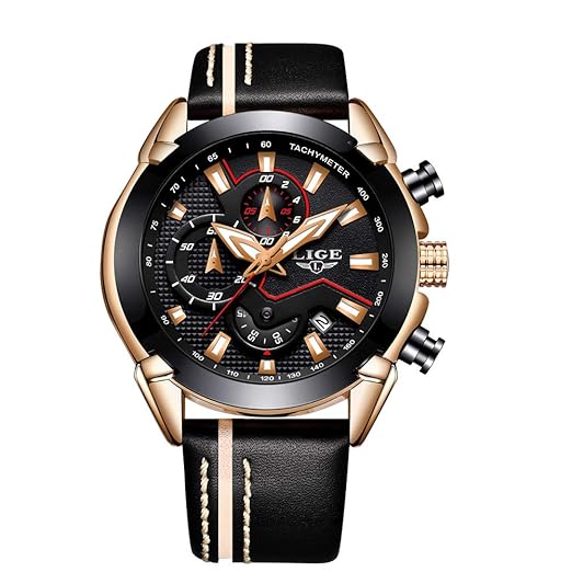 LIGE Herren Uhren Fashion Sport Chronograph Schwarz Gold Military Wasserdicht Analoge Quarzuhr mit Leder 9869A
