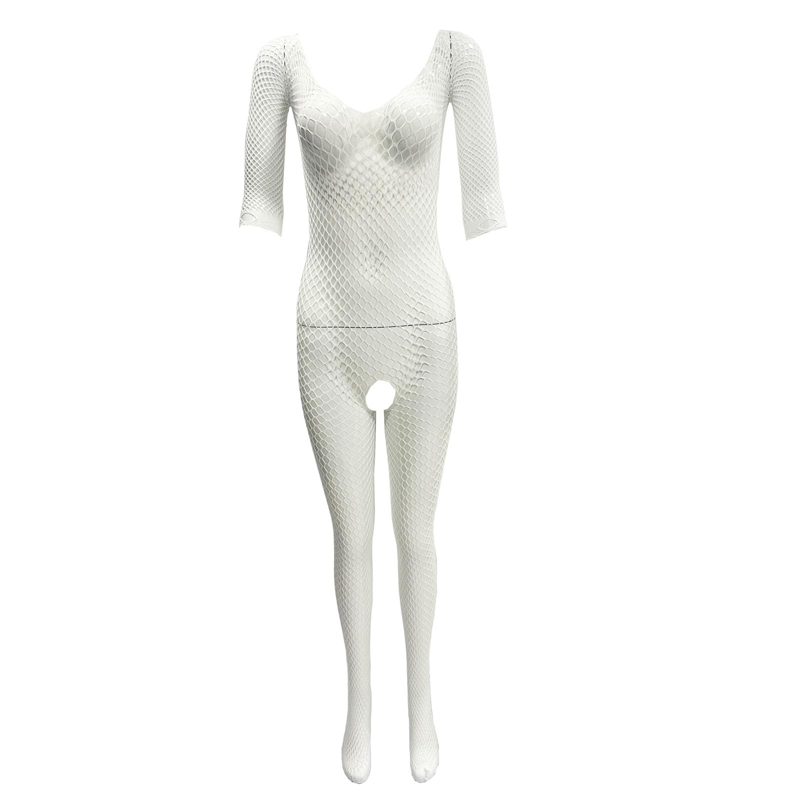 DRHOM Women's Body Open Bodystocking Catsuit Net Transparent Full Body Suit Jumpsuit with Fishnet Tights Open Crotch, White, One size