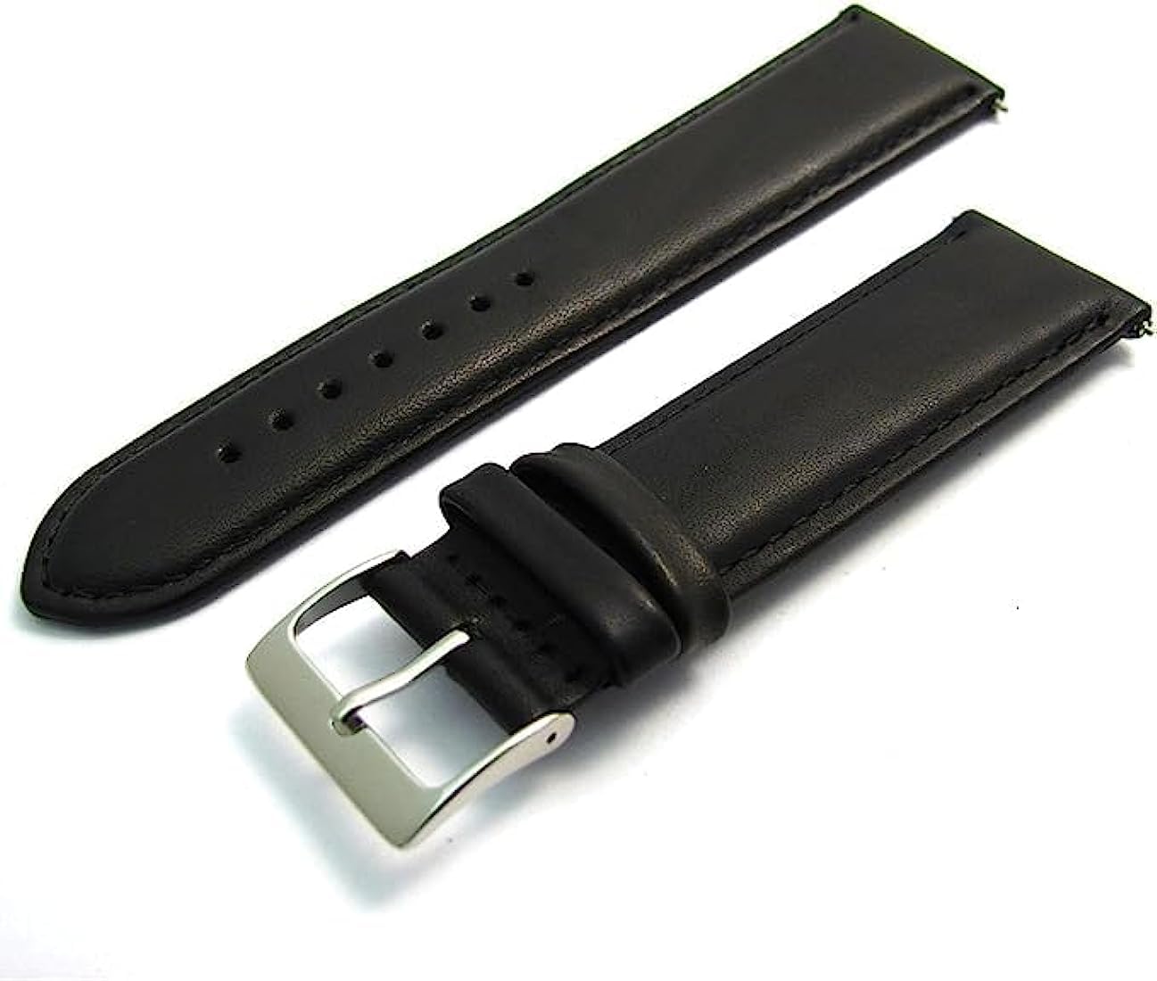 Soft Genuine Leather watch Strap Band 18mm, Black, Chrome (Silver Colour) buckle