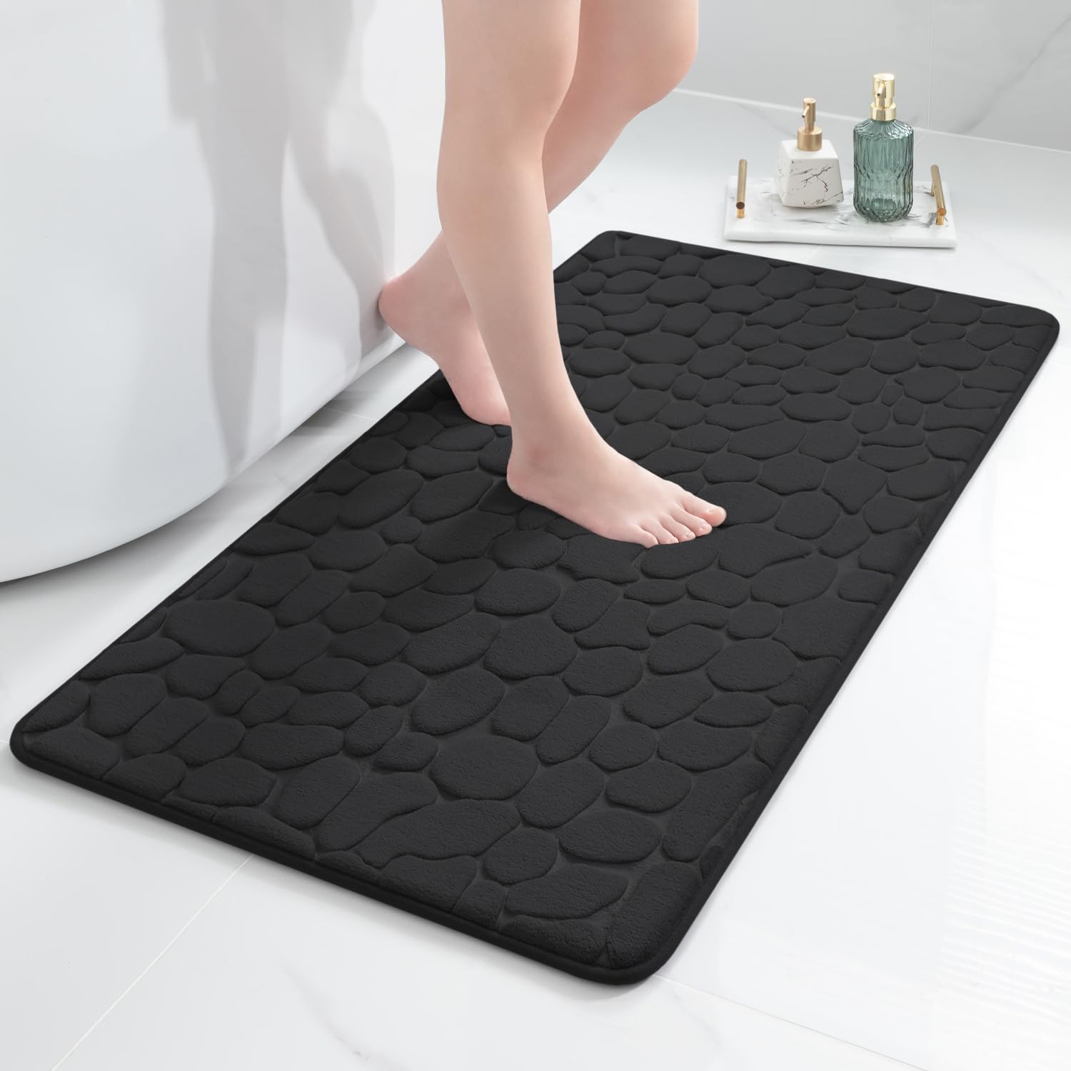 chakme Memory Foam Bath Mat, Super Absorbent Head Stones, Bathroom Rug, Ultra Soft Bath Mat, Machine Washable, 60 x 120 cm, Black