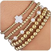 Beaded Bracelets for Women,Gold Plated Beads Stretch Bracelet,Adjustable Cross Charms Pearl Trendy Beaded Bracelet,Stackable Bracelets,Dainty Boho Summer Beach Jewelry Gift for Sister