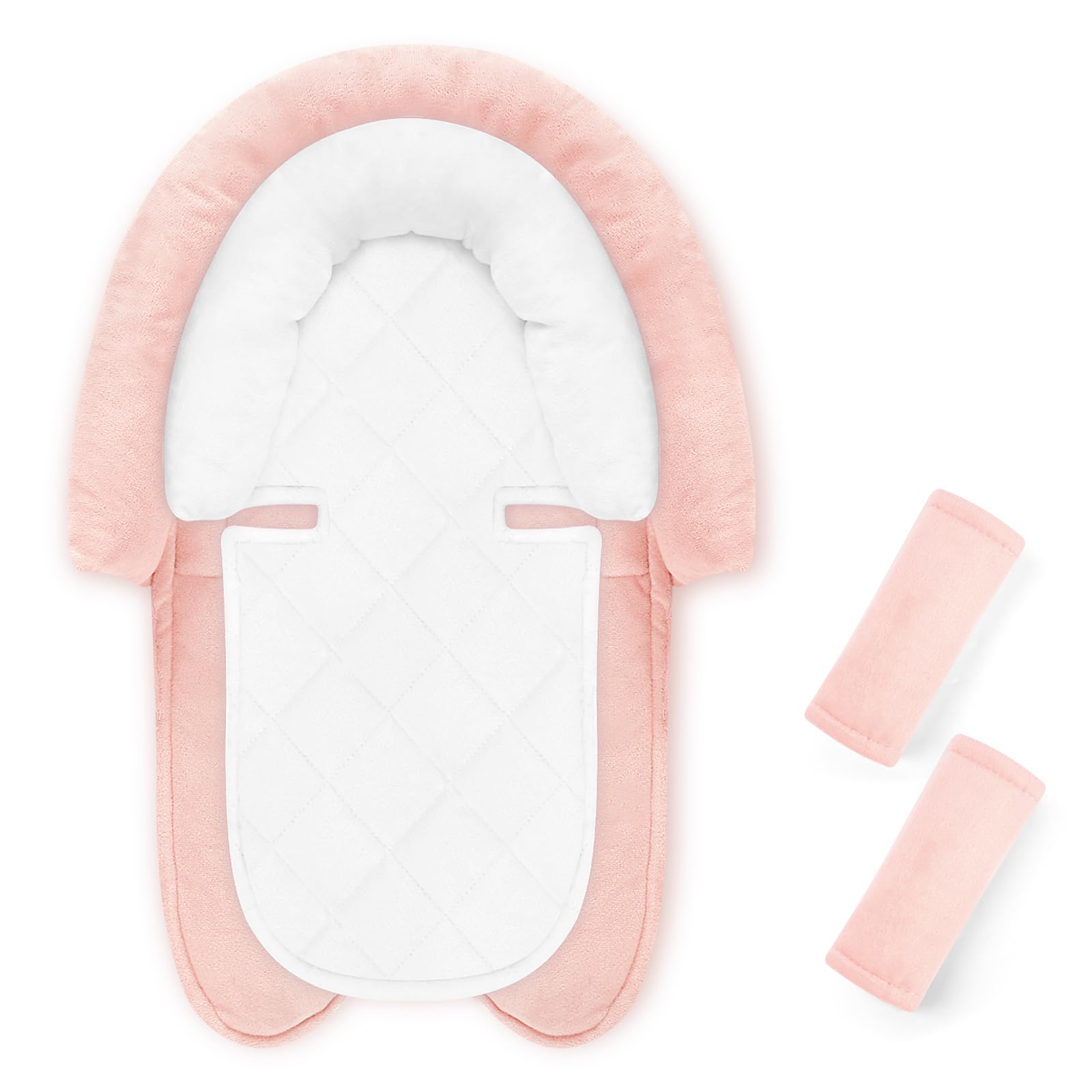 Photo 1 of Baby Car Seat Head Body Support & Strap Covers 2 in 1 Infant Car Seat Insert, Reversible Soft Breathable Newborn Cushion Pads for Preemie, Perfect for Carseats, Strollers, Swings (Light Pink & White)