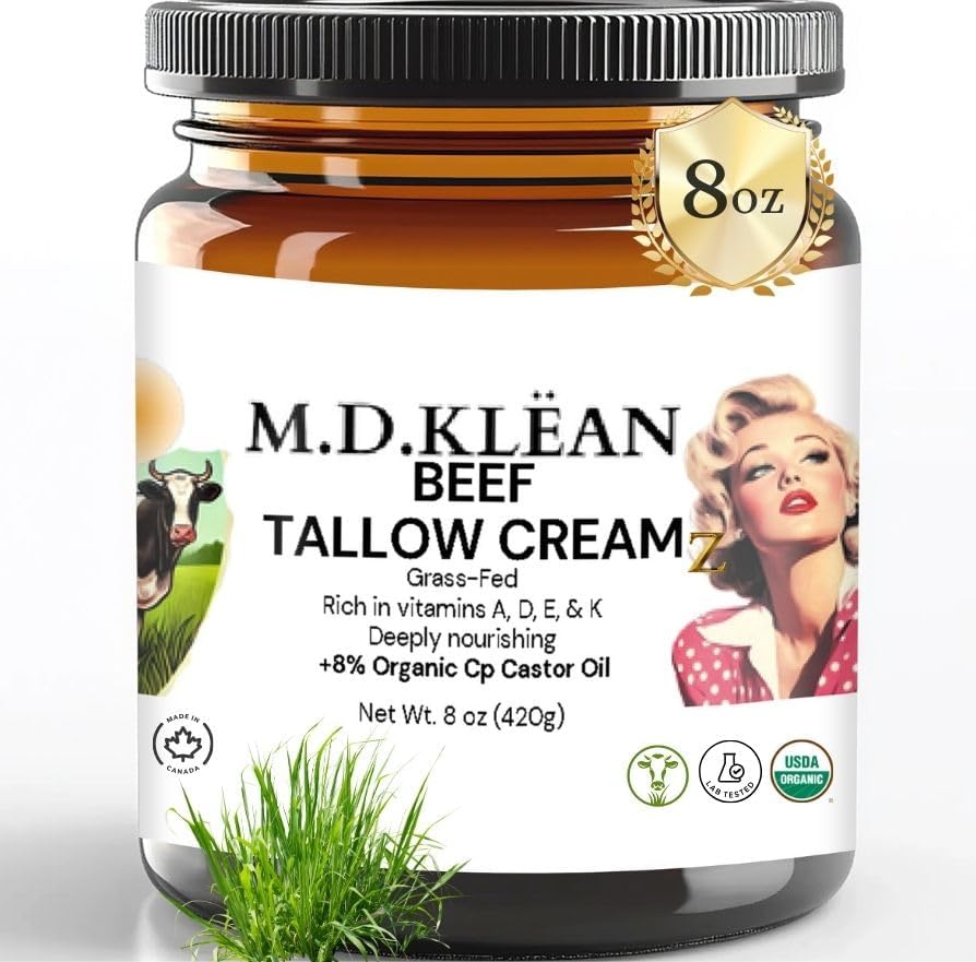 Photo 1 of MD KLEAN Beef Tallow Skin Cream (8 oz Glass Jar) Grass Finished & Grass Fed Beef Tallow and Honey Balm Body & Face Moisturizer - Organic Cold Pressed Castor Oil, Frankincense Oil Light Scent.