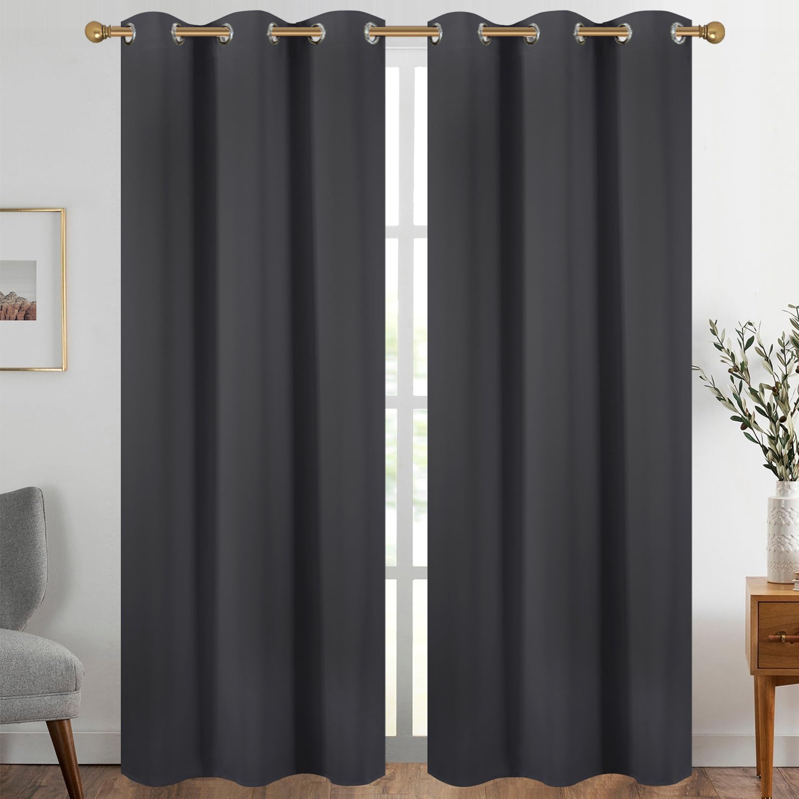 Photo 1 of Diraysid Charcoal Grey Grommet Blackout Curtains for Bedroom Thermal Insulated Room Darkening Curtains Drapes, 42 x 84 inch, 2 Panels