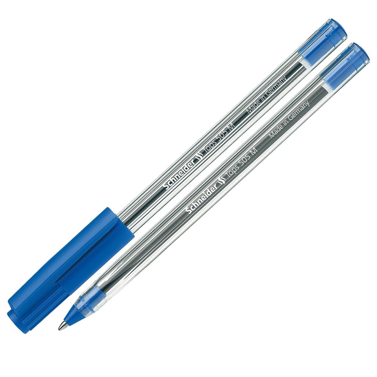 Schneider Tops 505 Ballpoint Pen with Clip Cap and Stainless Steel M Tip Blue Pack of 50