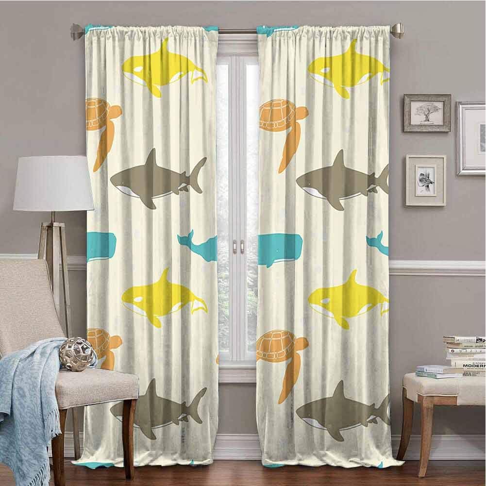 FOEYESEE Blackout Curtains for Bedroom Sea Animals Decor Pattern with Whale Shark and Turtle Aquarium Decorative Doodle Style Cartoon Printed Nursery Room W55 xL39