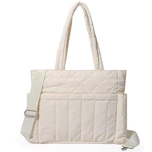 Quilted Puffer Crossbody Tote Bag for Women with Adjustable Strap,Lightweight Puffy Tote Bag with Zipper Compartments,Quilted Shoulder Bag Handbag Gifts for Women Work,Travel(White)