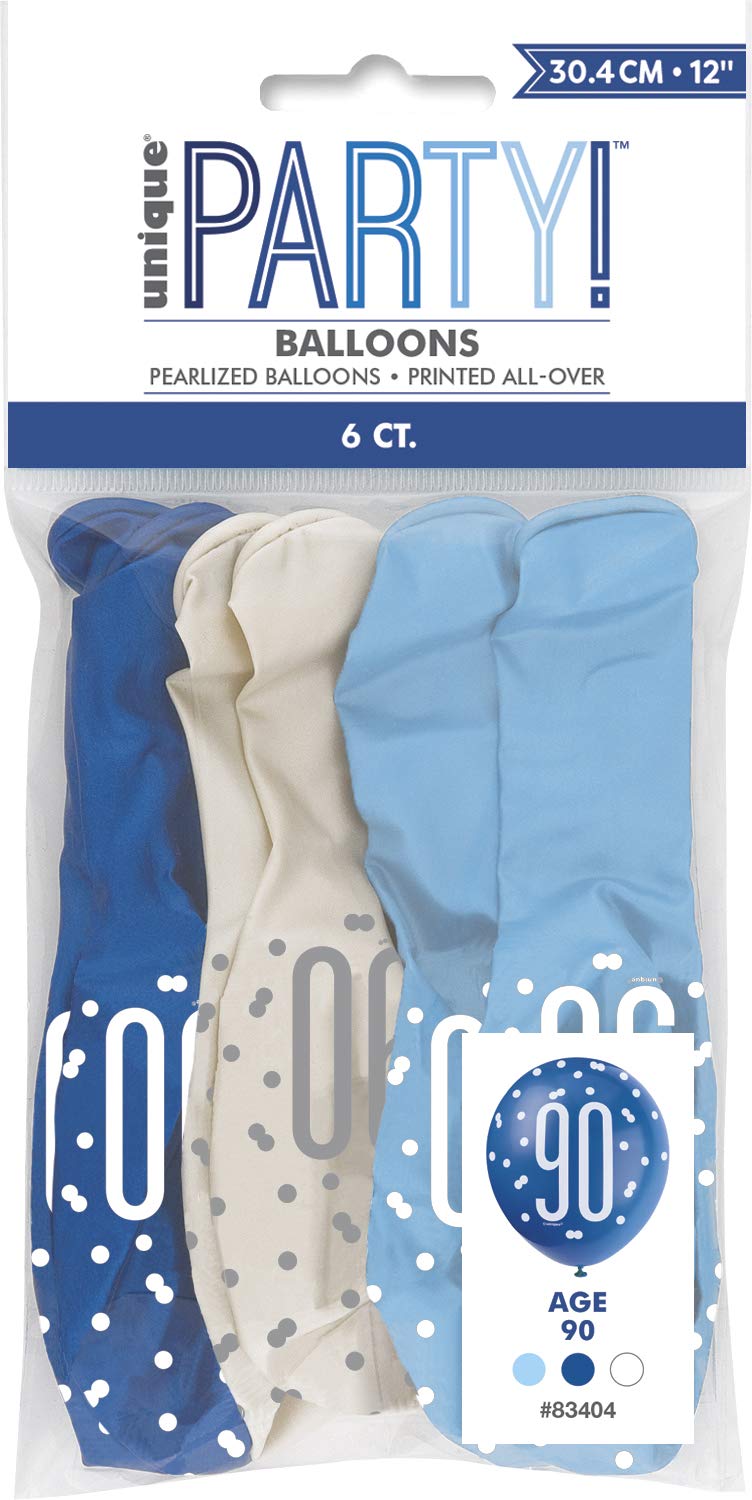 Vibrant 90th Glitz Latex Balloons in Light Blue, Royal Blue, & White (30cm) - Perfect for Parties, Celebrations & Events - 6ct