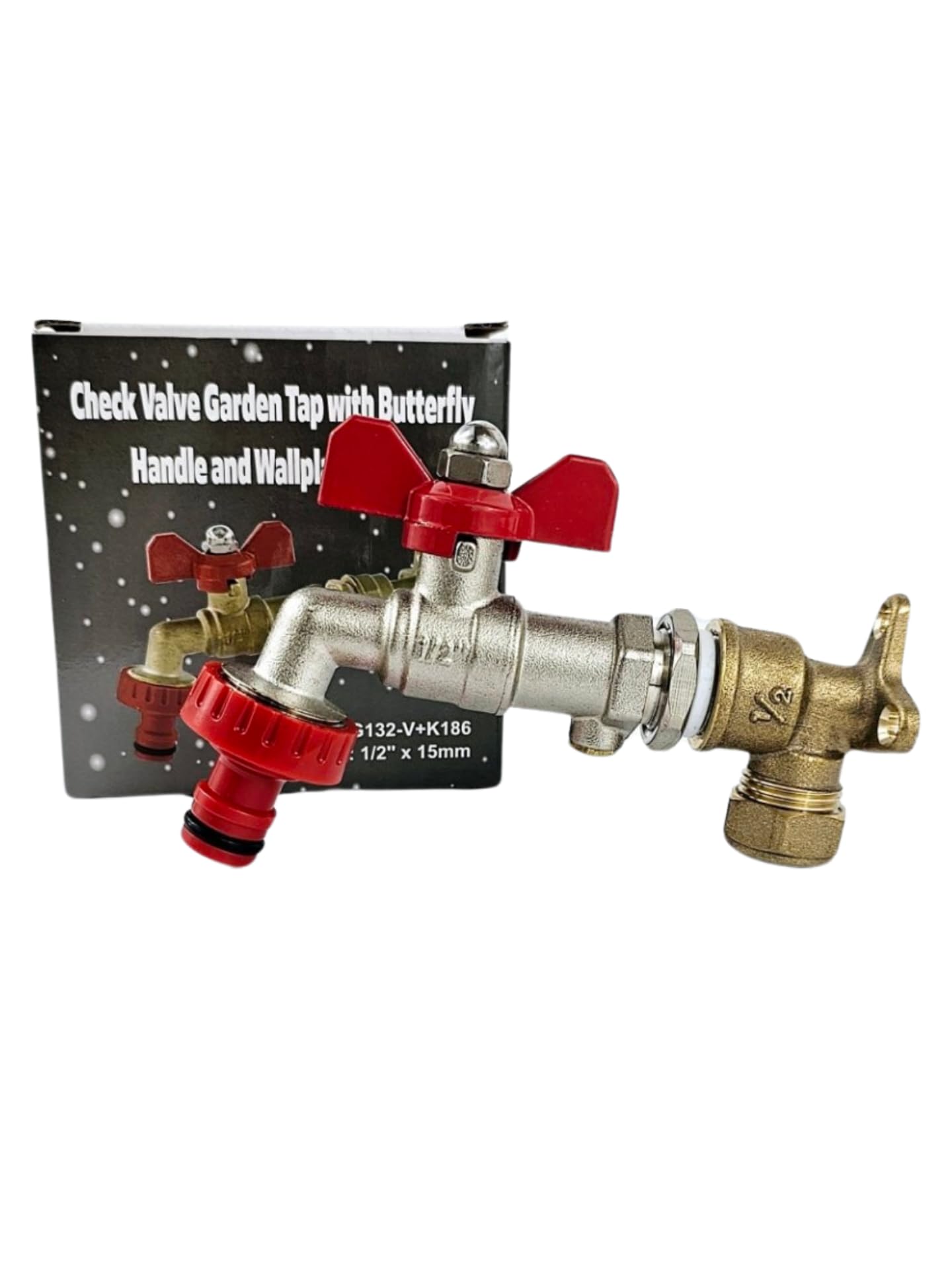 Wärmer System Outside 1/2 inch Garden Tap Wall Mounted with Check Valve and Wallplate Elbow Fixture (Garden Tap with Butterfly Handle and Hose Connector)