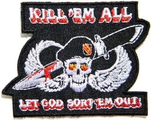 KILL EM ALL LET GOD SORT EM OUT Skull Wing Military Jacket Polo T shirt Patch Sew Iron on Embroidered Cloth,Size 3.25Inch X 2.50Inch
