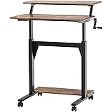 UNICOO – Crank Adjustable Height Standing Desk, 2 Tier Adjustable Sit to Stand up Desk, Mobile Standing Desk, Rolling Desk – 