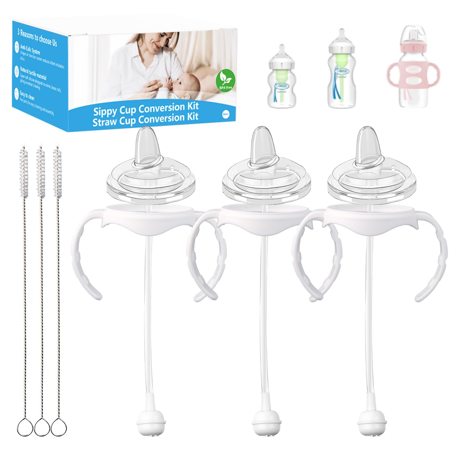 Photo 1 of ?Straw Cup Conversion Kit Compatible with Dr. Brown's Wide-Neck Baby Bottles,Toddler Transition Kit with Soft Straw Nipple,Bottle Handles,Storage Bottle Caps (Model 1)
