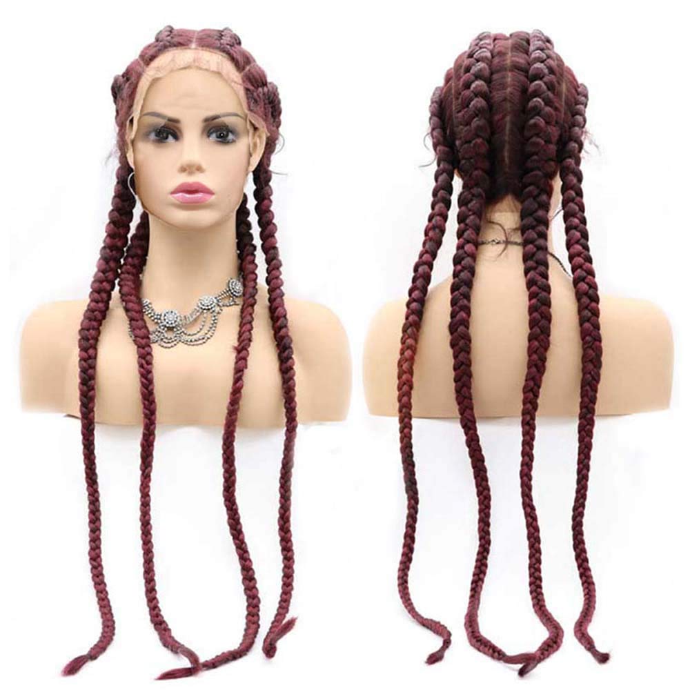 Xiweiya Burgundy Color Synthetic Braid Lace Front Wigs 36" Long, 22.5" Cap Size, Heat Resistant, Curly, Full Head, Natural Hairline, Lace and Hand Tied, Women's Wig