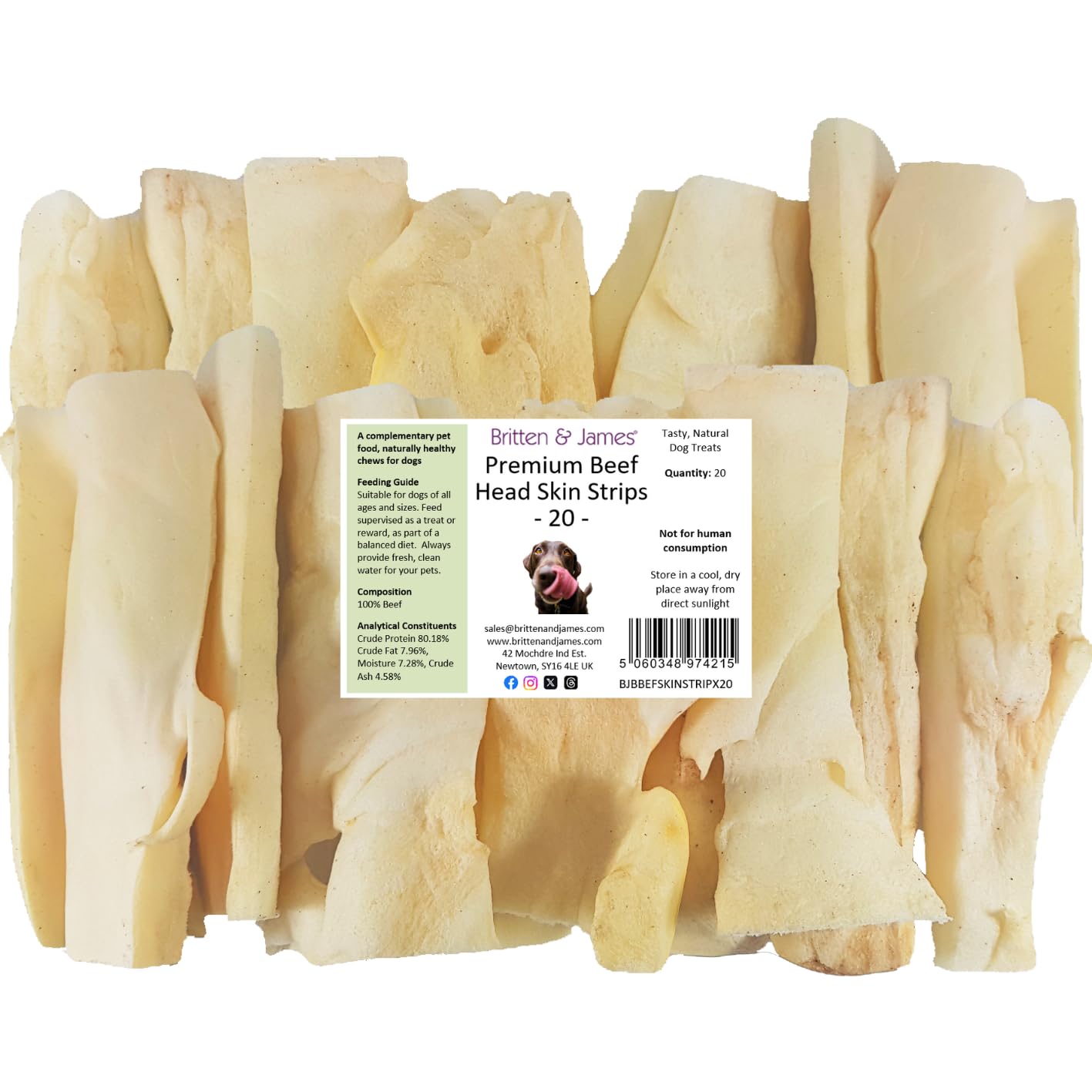 20 Premium Large Beef Head Skin Strips for Dogs by Britten and James. 100% Natural Dog Chew Treats - Grain Free & Hypoallergenic