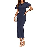 ZESICA Women's Summer Short Sleeve Bodycon Midi Dress 2026 Spring Elegant Formal Wedding Guest Cocktail Party Dresses