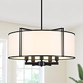 CWarmozy 19.6'' Black Drum Chandelier 5-Light Modern White Fabric Chandeliers for Dining Room Adjustable Farmhouse Pendant Li