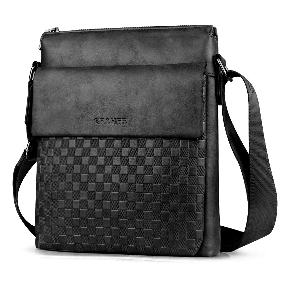 SPAHER Large Mens Leather Bag Handbag Ipad Shoulder Bag Business Messenger Bag Crossbody Casual Daypack Tote Sling Backpack Satchel Organiser Travel Bag with 4 Card Slots and 2 Pens Slots Black