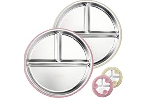 SOLLDGT Stainless Steel Kids Plates with Suction, 9” Divided Baby Plates with Removable Silicone Sleeves, Non-Slip Toddler Plates Unbreakable Metal Toddler Bowls Dinnerware Set of 2 (Pink, Beige)