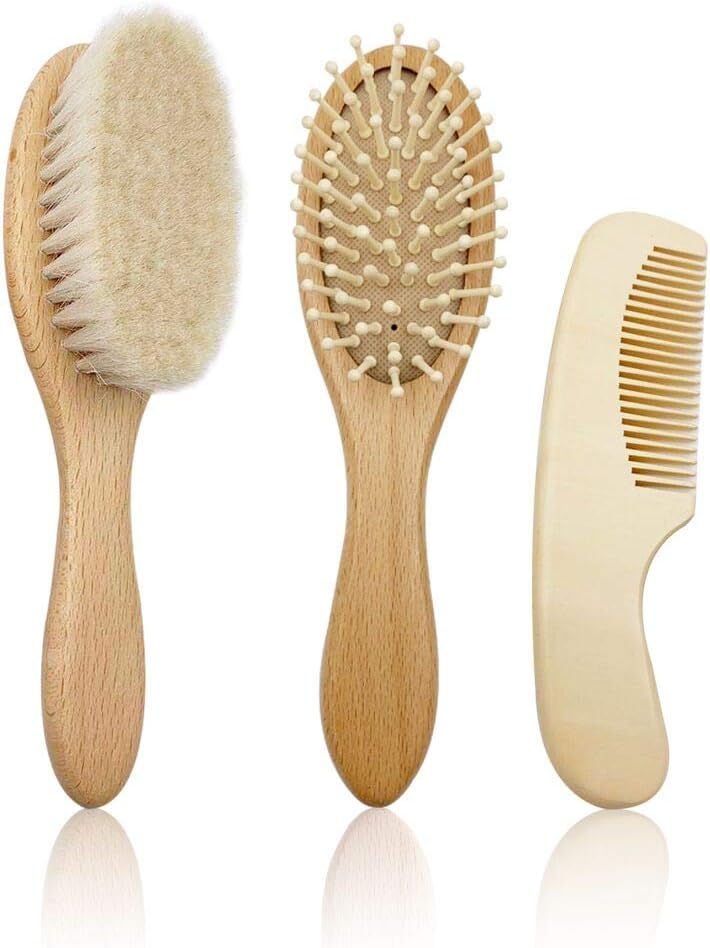 CARELAX Natural Goat Baby Hair Brush Bristle & Organic Wooden Comb Set, 3-Piece for Newborns & Toddlers, Ideal for Cradle Cap & Itching, Perfect Shower and Registry Gift for Infant, Babies