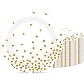 White and Gold Paper Plates,60Pcs 7Inch Dessert Plates Disposable,Party Tableware Kit,Gold Foil Polka Dots Dessert Plate,for Bride Shower,Baby Shower,Birthday,Wedding Party Decorations,Serves 60