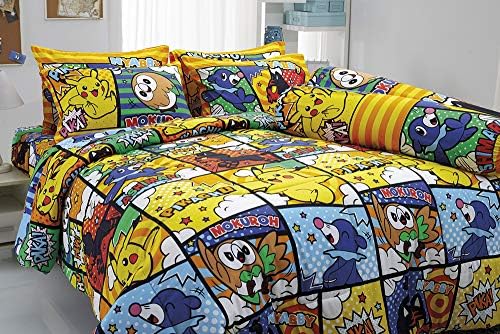 Pikachu Mokuroh Rowlet Ashimari Popplio Nyabby Litten Bedding Set, 1 Fitted Sheet, 2 Pillow Case, 2 Bolster Case, 1 Comforter 041 Set B+1 (Queen 60"x78")