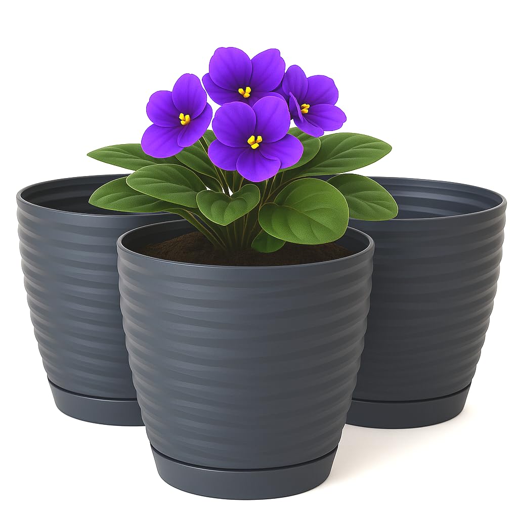 Home Garden Ornaments Wave Plant Pots Indoor, Set of 3 Indoor Plant Pot with 3D Effect, Drainage Holes, and Integrated Saucer, Plastic Flower Pots (Diameter: 13cm, Colour: Anthracite)