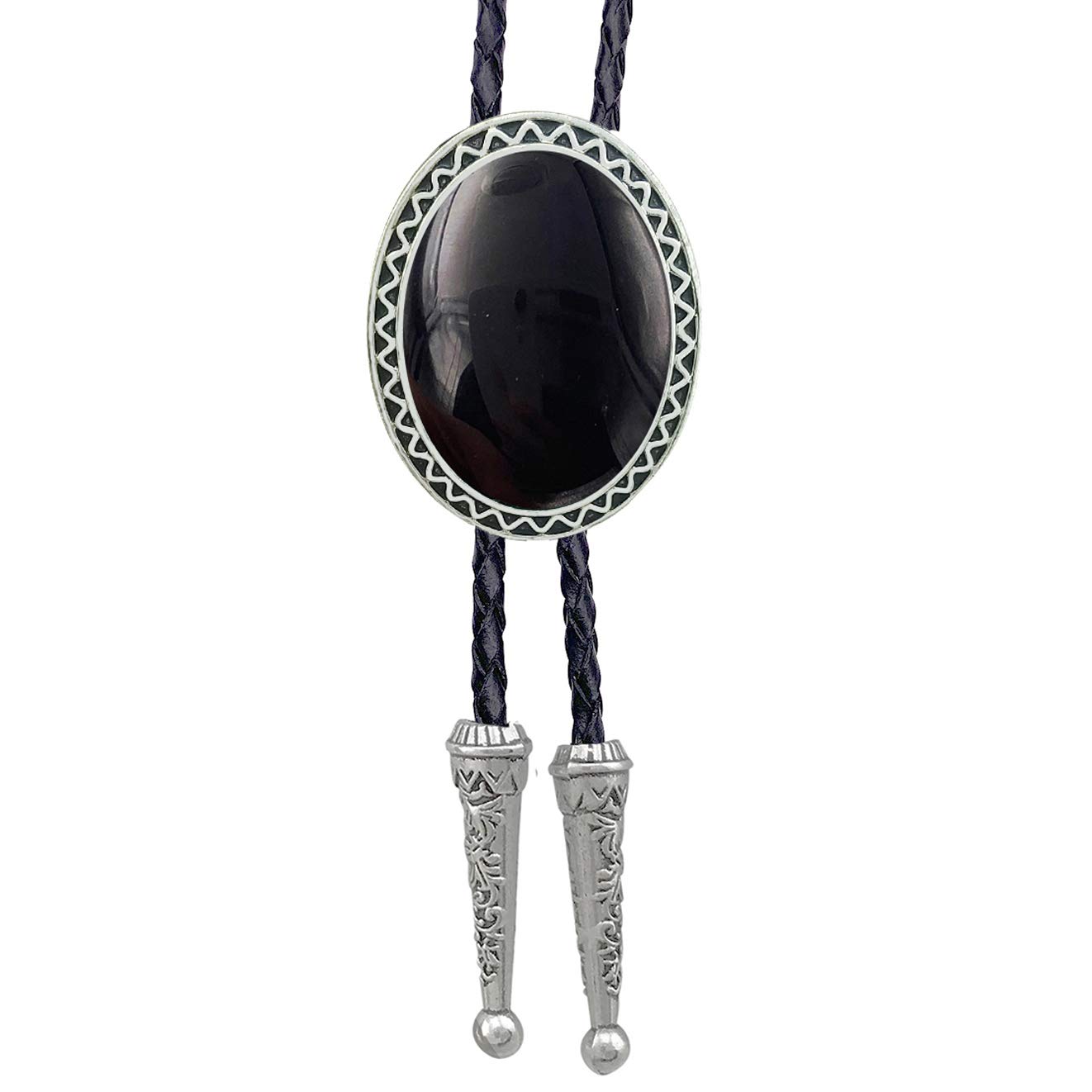 HAISWET Genunie Leather Native Western Black Stone Bolo Tie Silver Tone