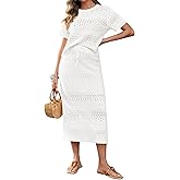 Tankaneo Womens Crochet Cover Up 2 Piece Skirt Sets Short Sleeve Knit Top Midi Skirt Vacation Travel Outfits