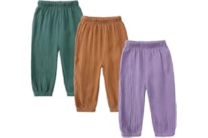 Kids Tales 3 Pack Boys Girls Cotton Linen Pants Child Basic Plain Solid Trousers Big Kids Elastic Waist Long Pants Bloomers