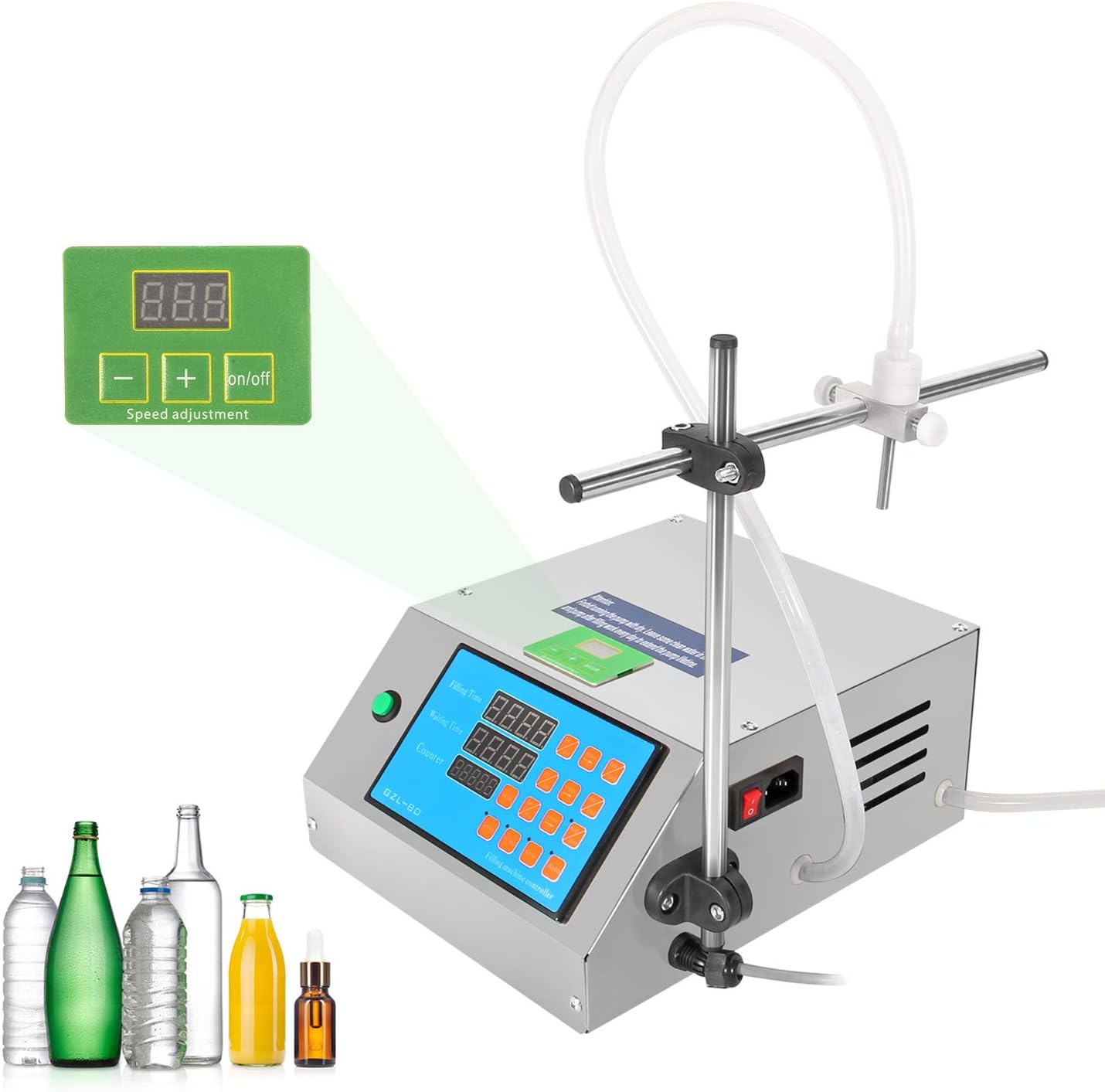 Hanchen 4L Liquid Filling Machine Digital Speed Control Filler Diaphragm Pump Bottle Filler for CBD, MCT Oil, Milk, Beverage, Water, Juice, Essential Oil 110v (1 Head)