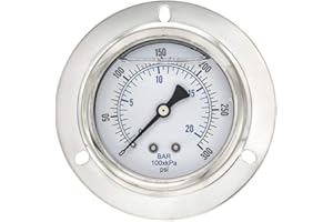 PIC Gauges 204L-404H Front Flanged Panel Mount Glycerine Filled Pressure Gauge w/ SS Case/Bezel, Brass Internals, PC Lens, 4" Dial, 0/300 psi Range, 1/4" Male NPT
