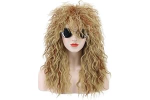 karlery Men Women Long Curly Orange Mix Blonde 70s Heavy Metal Rocker Mullet Wig 80s Costume Anime Wig