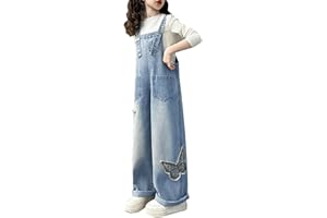 Teen Girls Baggy Denim Overalls Wide Leg Butterfly Embroidery Sleeveless Jean Jumpsuit Kids Vintage Straight Dungarees Pants