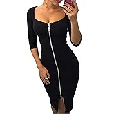 YMING Womens Zipper Front Bodycon Dress 3/4 Sleeve Midi Dresses Sexy Solid Color Club Dress
