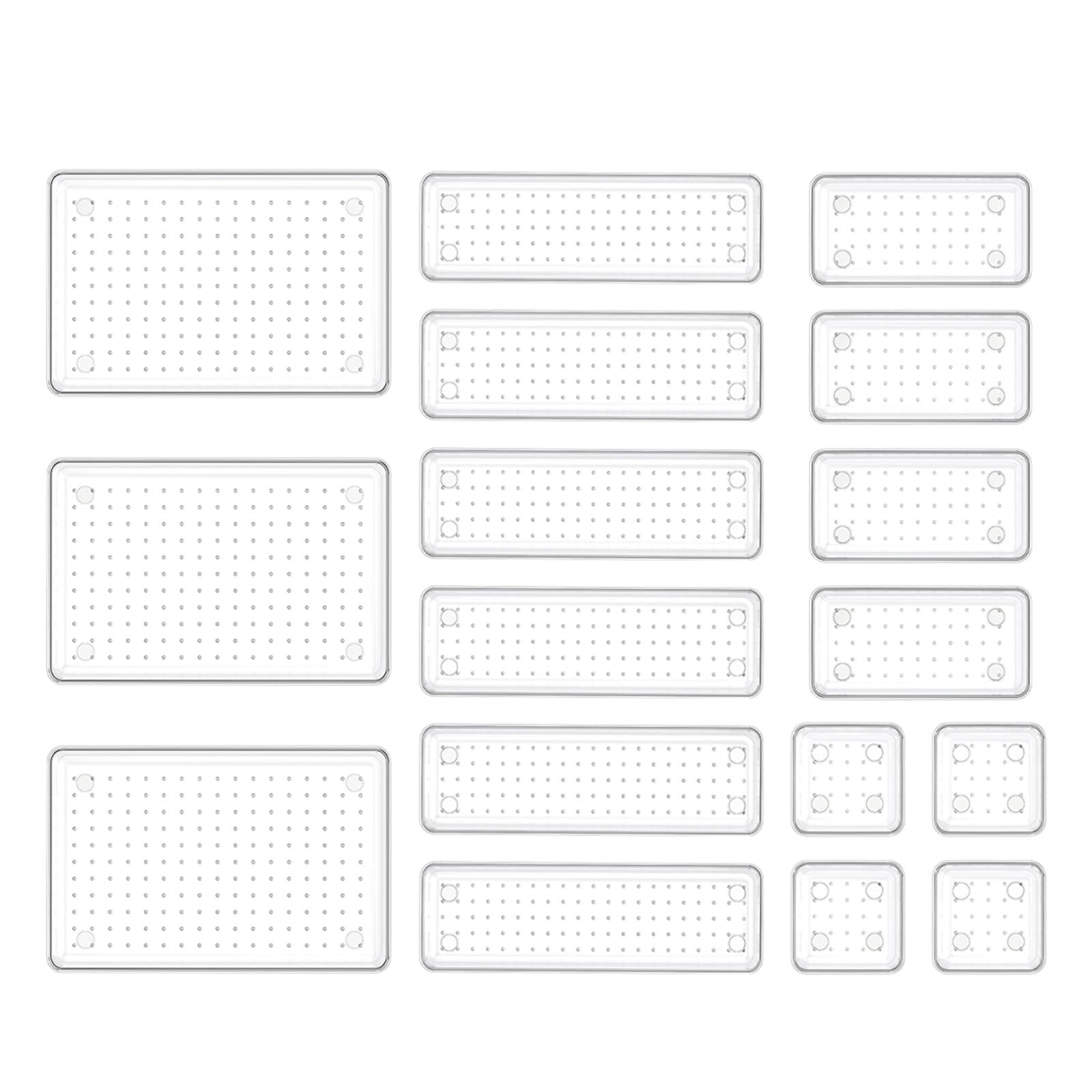 HOUSE DAY Makeup Drawer Organiser Trays 17 PCS, 4-Size Clear Drawer Organisers with Silicone Pads, Vanity Organisers and Storage, Non Slip Plastic Drawer Organiser for Desk Bathroom Kitchen Office