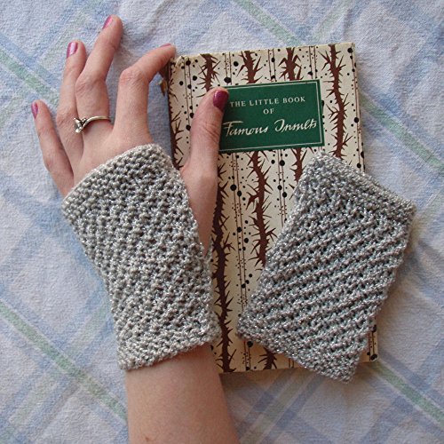 Fingerless Knit Gloves Metallic Silver Handknit Size Small