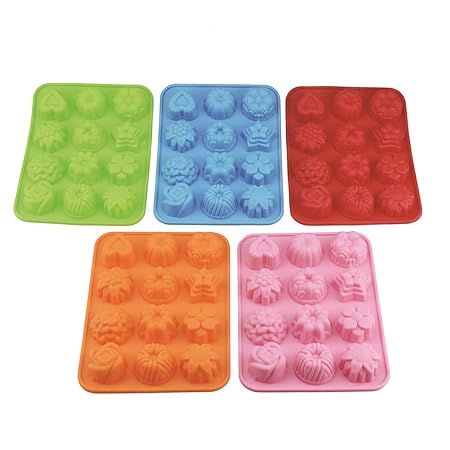 (5 Stück) 12 Mulden Silikon Blume Seife Form Kuchen Brot Form Schokolade Jelly Candy Backform – 5 Farben (Pink, Blau, Orange,