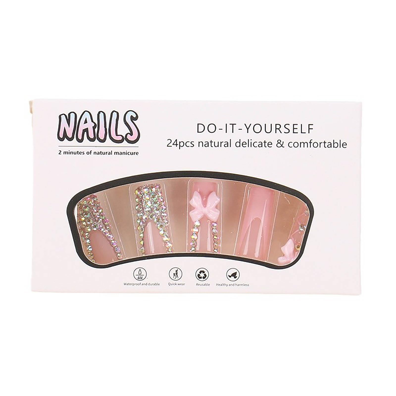 RUOKEXIN Long Square Press on Nails French Tip Fake Nails Pink False Nails with Bow Rhinestones Designs Long Square Nail Press ons Sparkly Glue on Nails Cute Stick on Nails for Women 24Pcs - Image 4